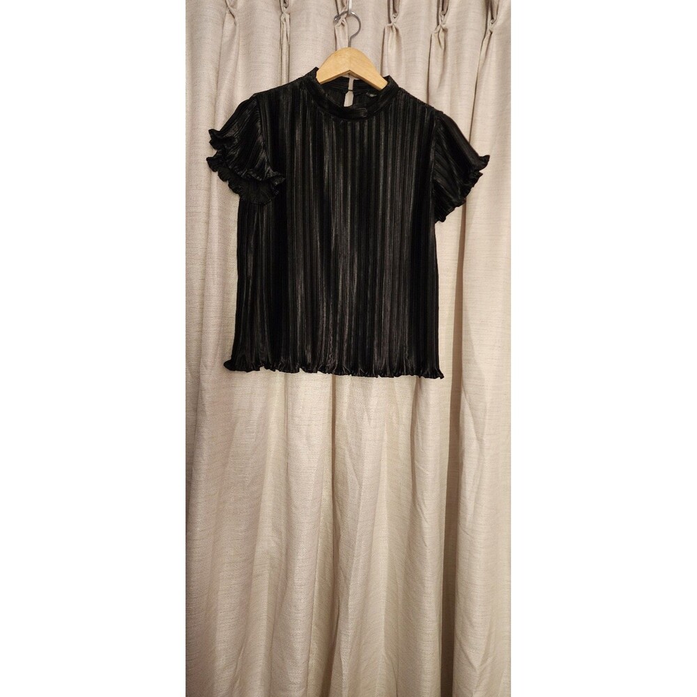 Women's Medium black pleated blouse with flutter sleeves, ruffled neckline